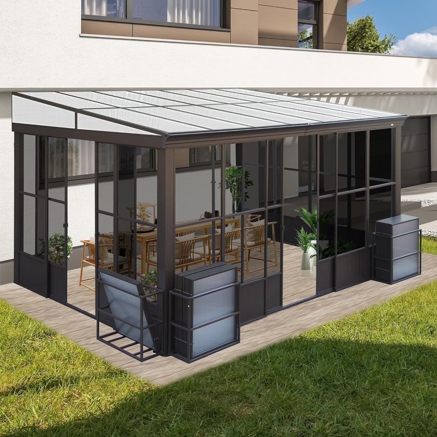 Domi Outdoor Living 10' x 12' Hardtop Lean-to Gazebo, Wall-Mounted with Galvanized Steel Roof Wall Pergola with Aluminum Frame, Curtains and Netting, for Patio, Deck, Garden, Backyard
