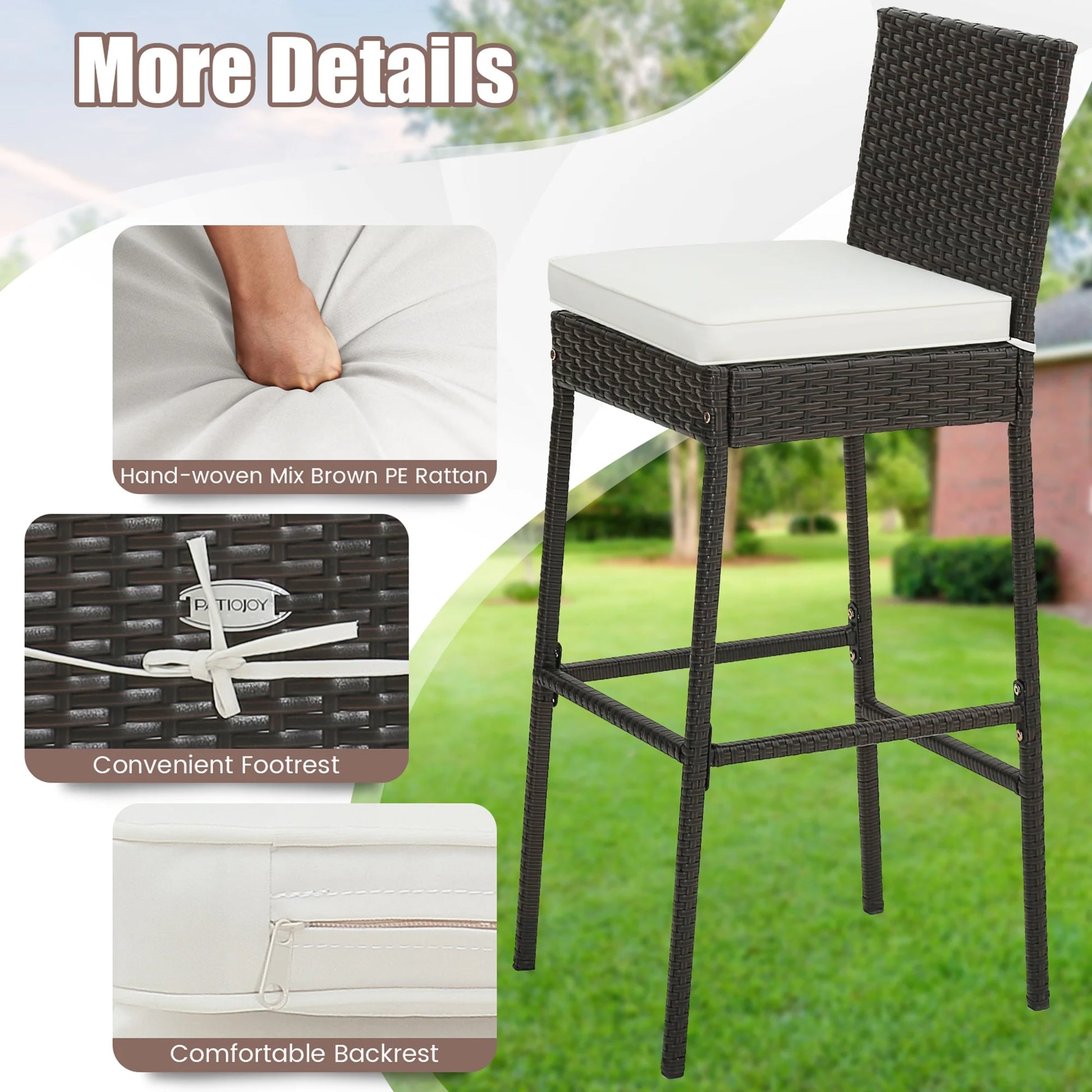 Costway 4 PCS Patio Wicker Barstools Bar Height Chairs with Cushions Backyard Off White