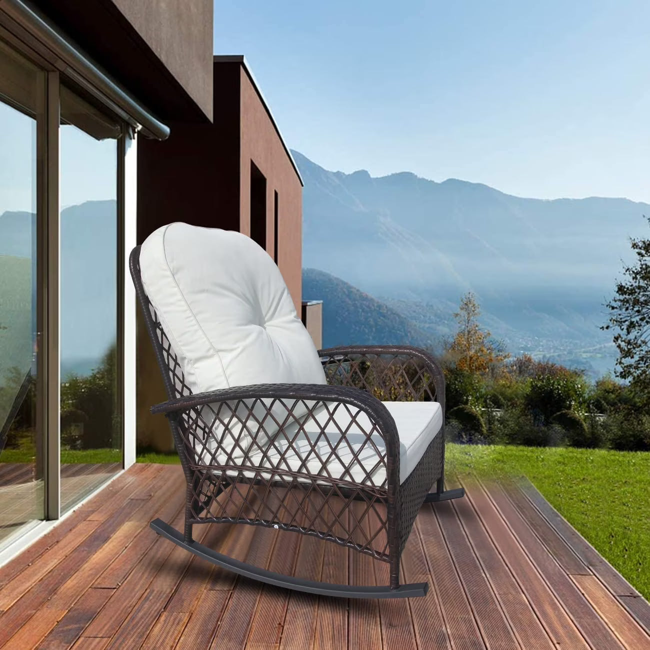 Furniture One 2 Piece Outdoor Wicker Rocking Chair, Patio Rattan Rocker Chair with Cushions & Steel Frame, All-Weather Rocking Lawn Wicker Furniture for Garden Backyard Porch