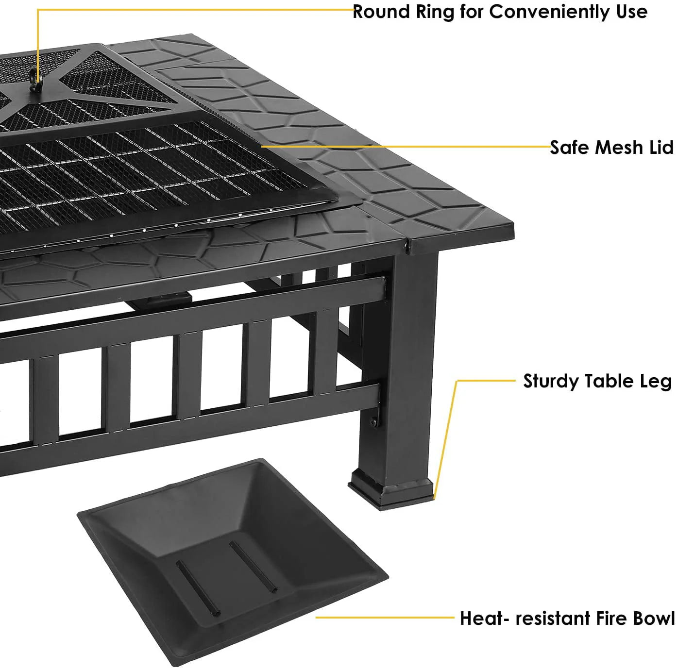 LAZY BUDDY Steel Fire Pits for Outside, 32'' Square Wood Burning Fire Pit Table, Outdoor Patio BBQ Firepit Bonfire Party