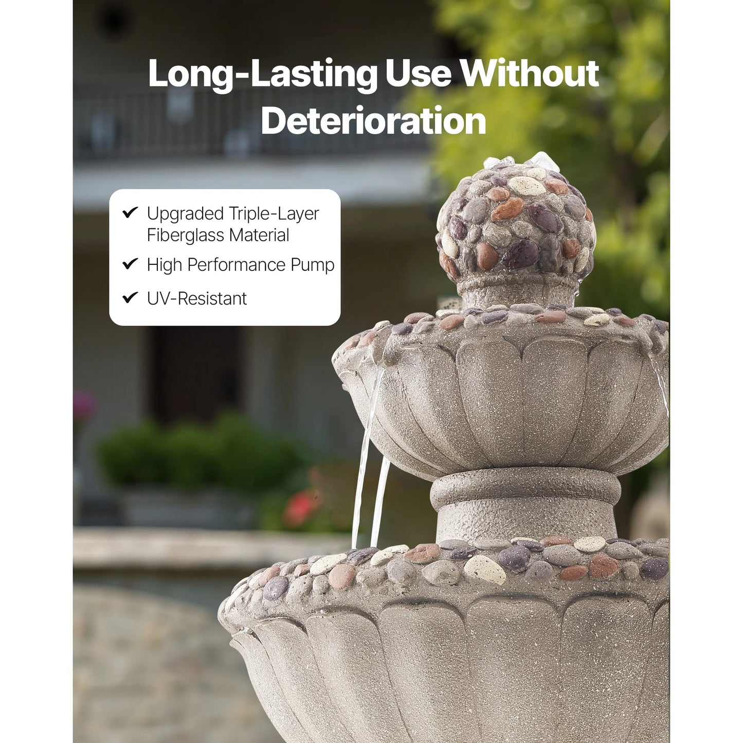 KFFKFF Outdoor Water Fountain, 36.5-Inch Tall 2-Tier Design with Rock-Style Base, Fiberglass and Resin Construction, Includes Pump, Ideal for Garden, Patio, Backyard, or Indoor Spaces
