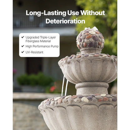 KFFKFF Outdoor Water Fountain, 36.5-Inch Tall 2-Tier Design with Rock-Style Base, Fiberglass and Resin Construction, Includes Pump, Ideal for Garden, Patio, Backyard, or Indoor Spaces