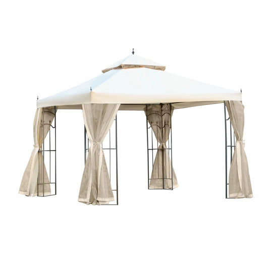 Outsunny 118" x 118" Steel Outdoor Patio Gazebo Canopy with Removable Mesh Curtains, Display Shelves, & Steel Frame, Cream White