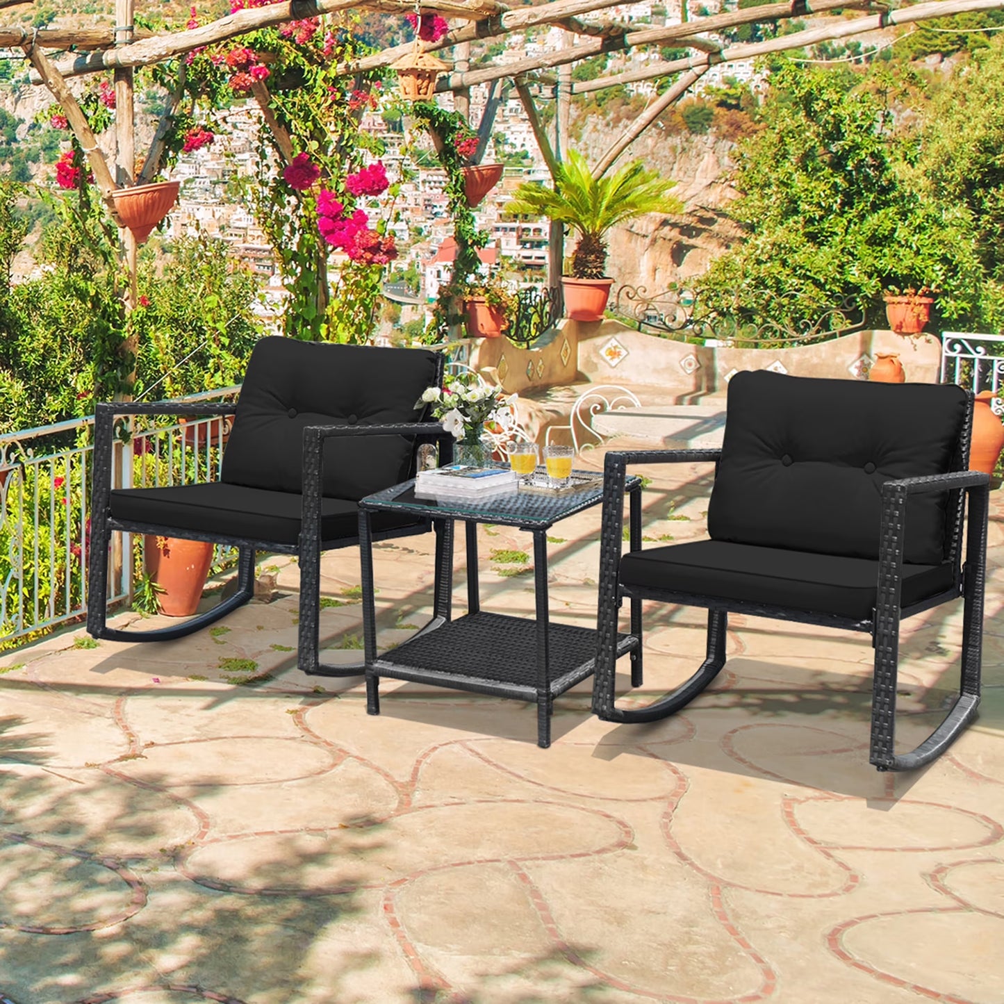 Gymax 3PCS Rattan Rocking Chair Table Set Patio Furniture Set w/Navy Cushions