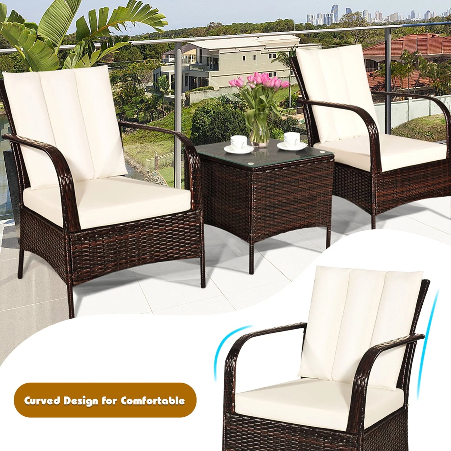 Gymax 3PCS Patio Outdoor Rattan Conversation Set Furniture Set w/Table Cushions