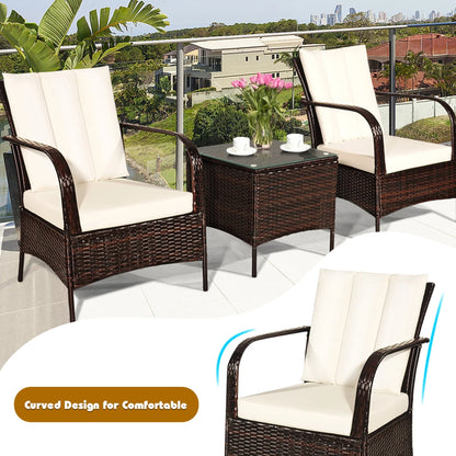 Gymax 3PCS Patio Outdoor Rattan Conversation Set Furniture Set w/Table Cushions