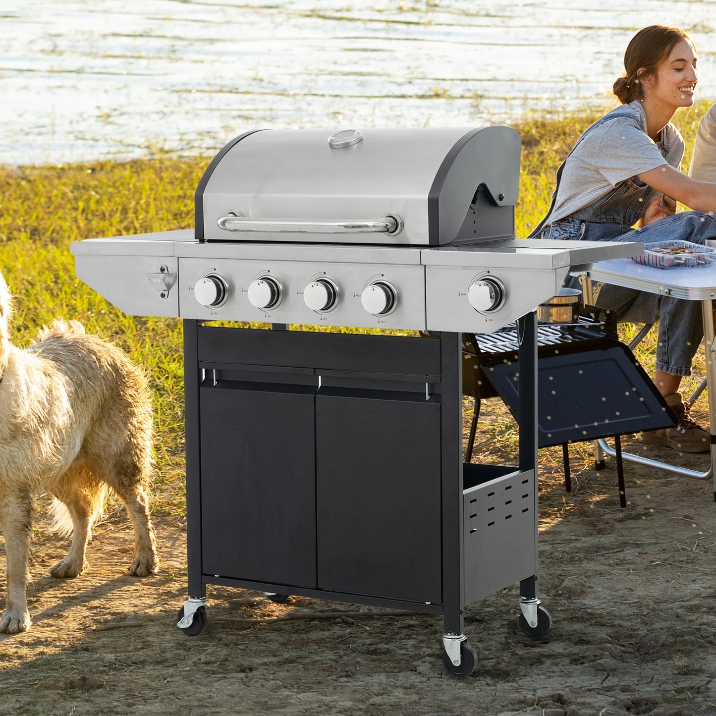 Propane Gas BBQ Grill with Side Burner 42,000 BTU Output Stainless Steel 4-Burners for Outdoor Cooking Kitchen Patio Backyard Barbecue, Silver