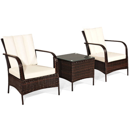 Gymax 3PCS Patio Outdoor Rattan Conversation Set Furniture Set w/Table Cushions