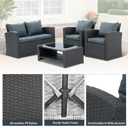 HighSound 4 Piece Patio Furniture Set, Outdoor Wicker Patio Sectional Sofa, All Weather PE Rattan Outdoor Sectional with Cushions & Coffee Table, Dark Gray