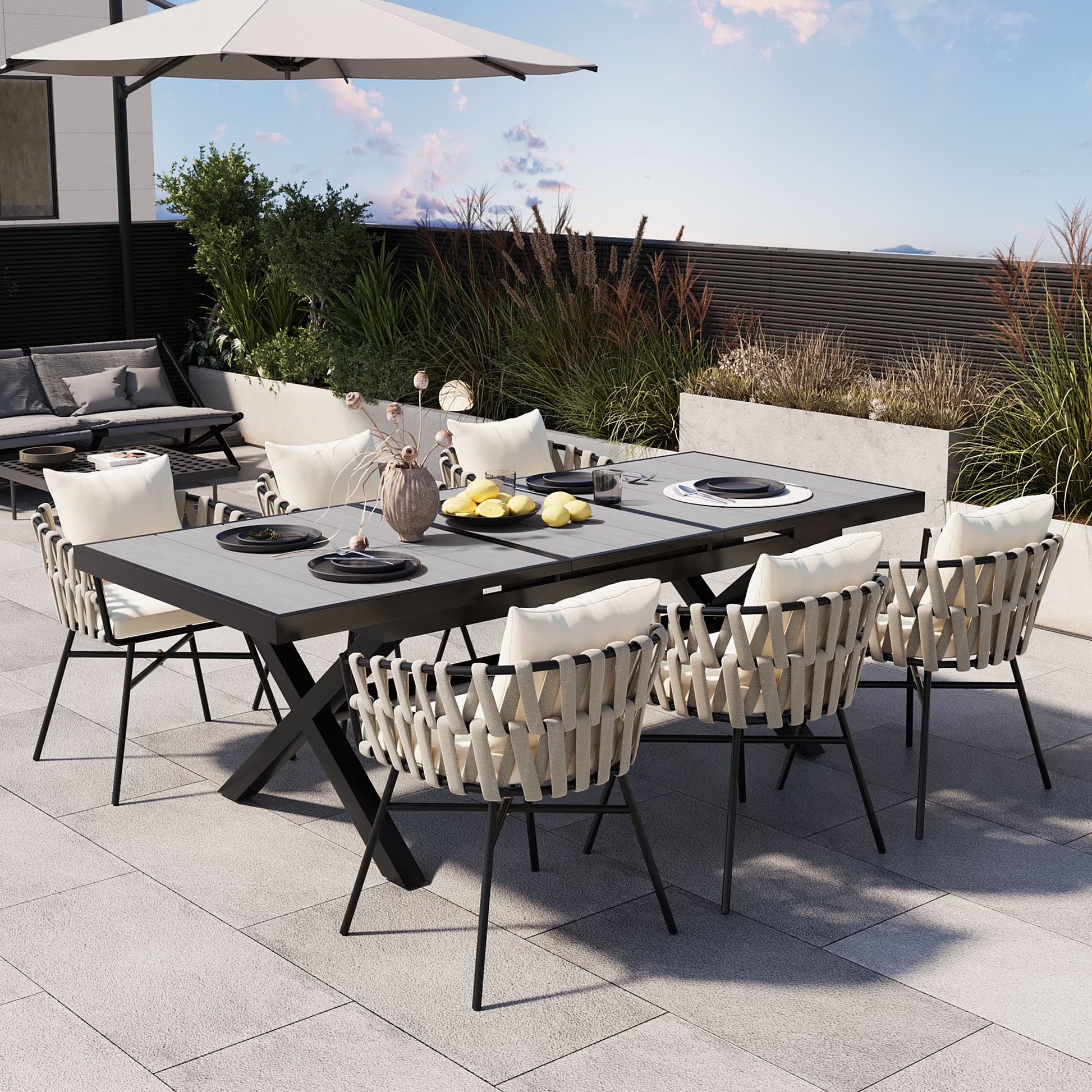 Harper & Bright Designs 7 Pieces Metal Outdoor Dining Table and Chairs Set for 6, All-Weather Patio Dining Furniture with 6 Woven Tape Chairs for Backyard Garden Balcony, Gray, Natural