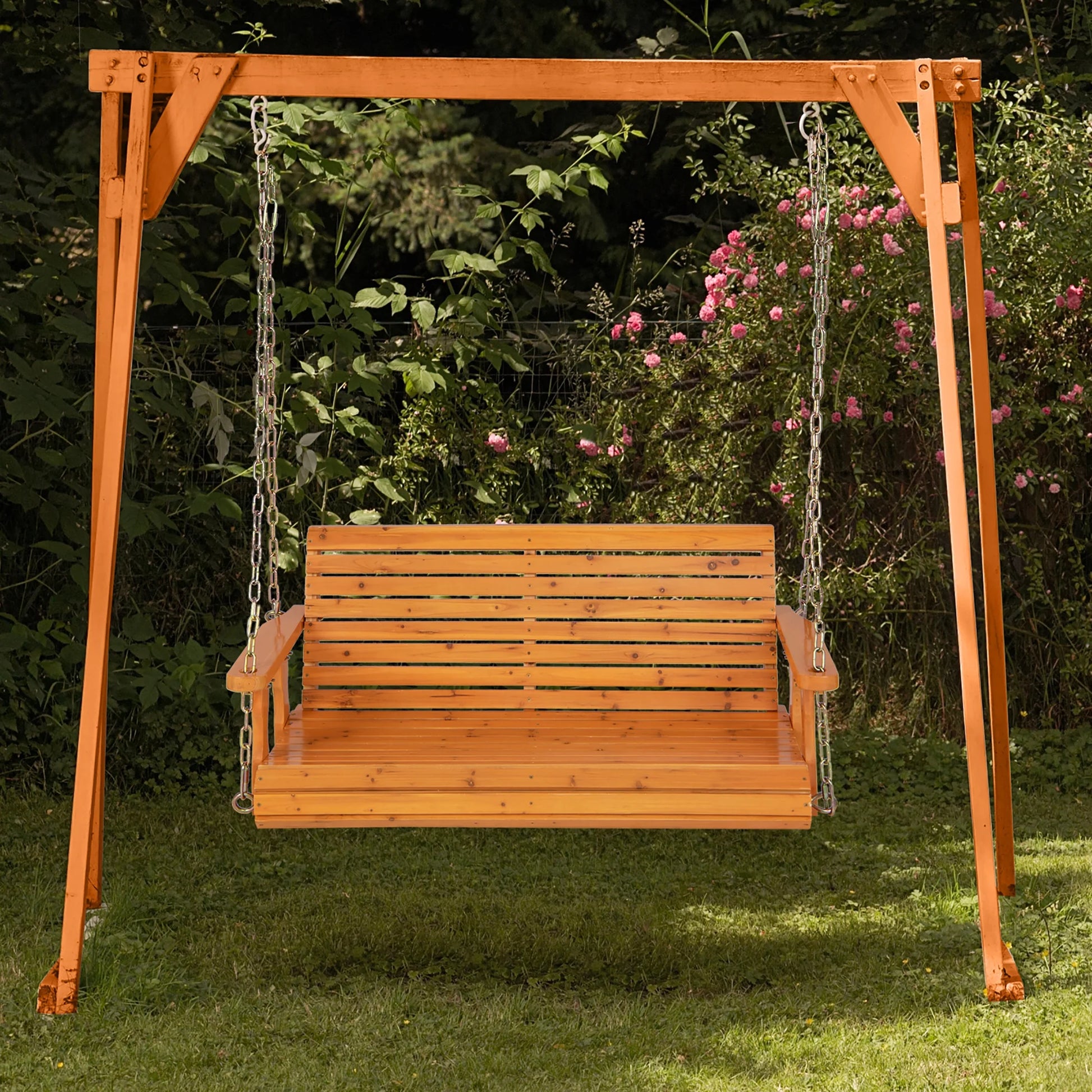 Costway Porch Swing Wood Outdoor Patio Hanging Bench Chair for Garden Backyard orange
