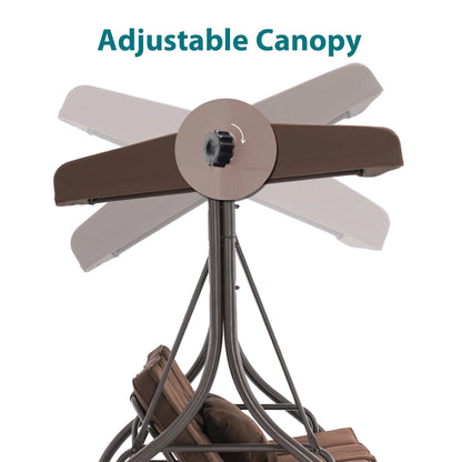 MCombo 3-Seat Outdoor Patio Swing Chair Cushioned with Adjustable Backrest and Canopy, Pillow, Brown