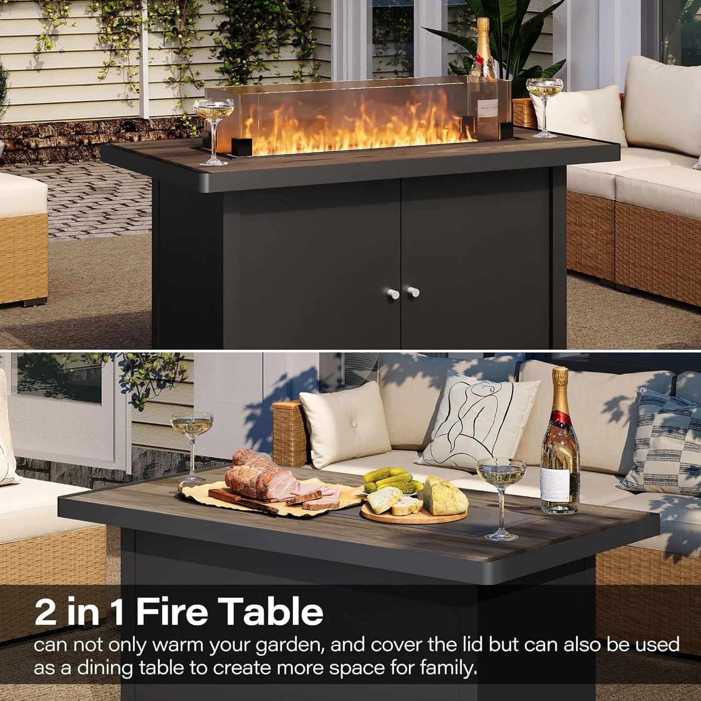 LAUSAINT HOME 43" Outdoor Fire Pit Table , 55,000 BTU Patio Propane Fire Pit with Wood Grain Tabletop & Wind Guard, Black
