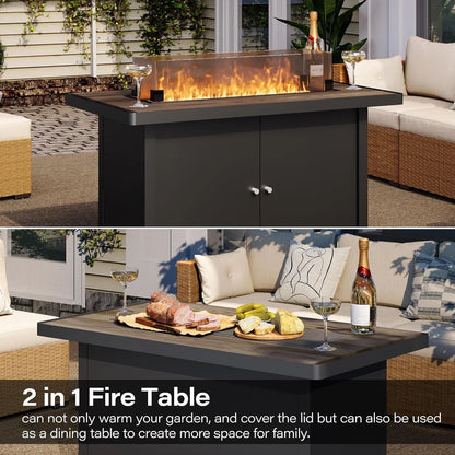 LAUSAINT HOME 43" Outdoor Fire Pit Table , 55,000 BTU Patio Propane Fire Pit with Wood Grain Tabletop & Wind Guard, Black