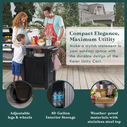 Keter Unity 40 Gal Patio Storage Grilling Bar Cart w/Stainless Steel Top, Brown