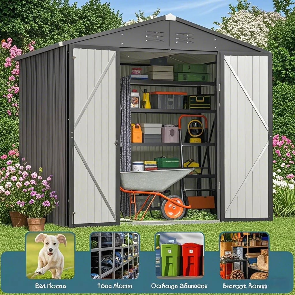8x6 ft Outdoor Storage Shed on Sale, Sheds & Outdoor Storage with Lockable Doors, Metal Garden Shed by Durable Galvanized Steel for Patio, Lawn - Dark Gray