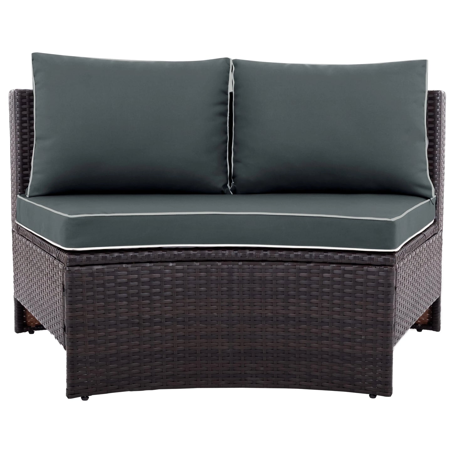 BTMWAY 6 Piece Outdoor Patio Sofa Furniture Set, BTMWAY PE Wicker Half Moon Outdoor Sectional Sofa Set with Side Table for Umbrella, Multifunctional Round Table, Gray Cushions, Pillows, Brown Rattan