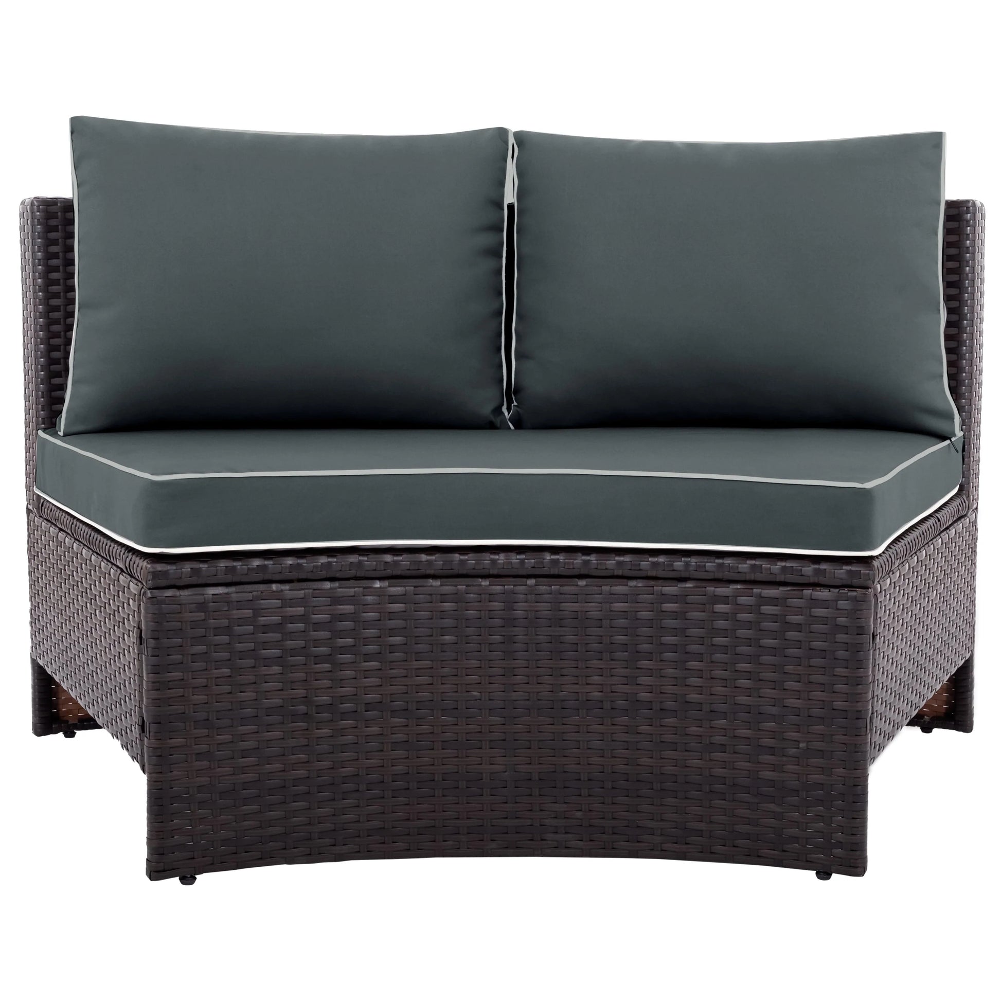 BTMWAY 6 Piece Outdoor Patio Sofa Furniture Set, BTMWAY PE Wicker Half Moon Outdoor Sectional Sofa Set with Side Table for Umbrella, Multifunctional Round Table, Gray Cushions, Pillows, Brown Rattan