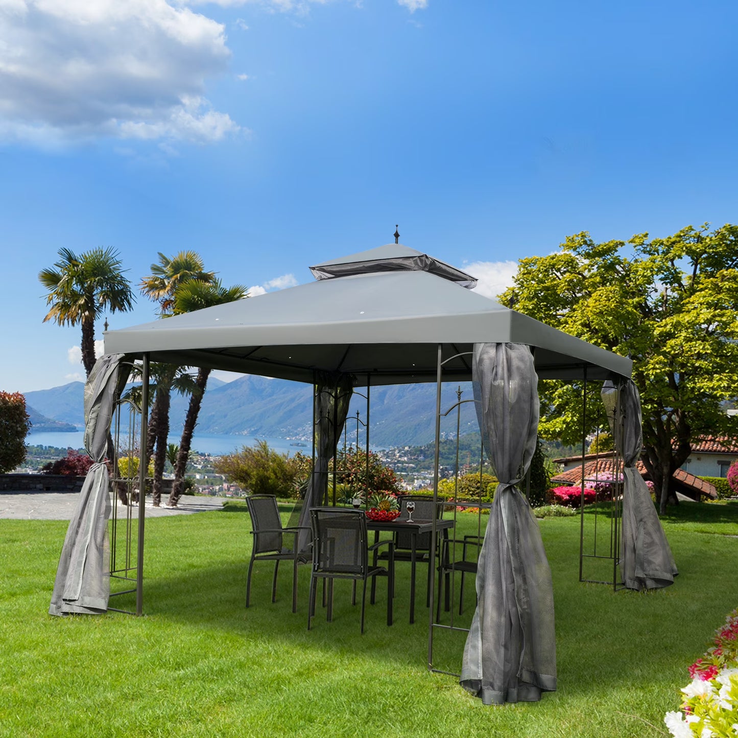 Outsunny 118" x 118" Steel Outdoor Patio Gazebo Canopy with Removable Mesh Curtains, Display Shelves, & Steel Frame, Cream White
