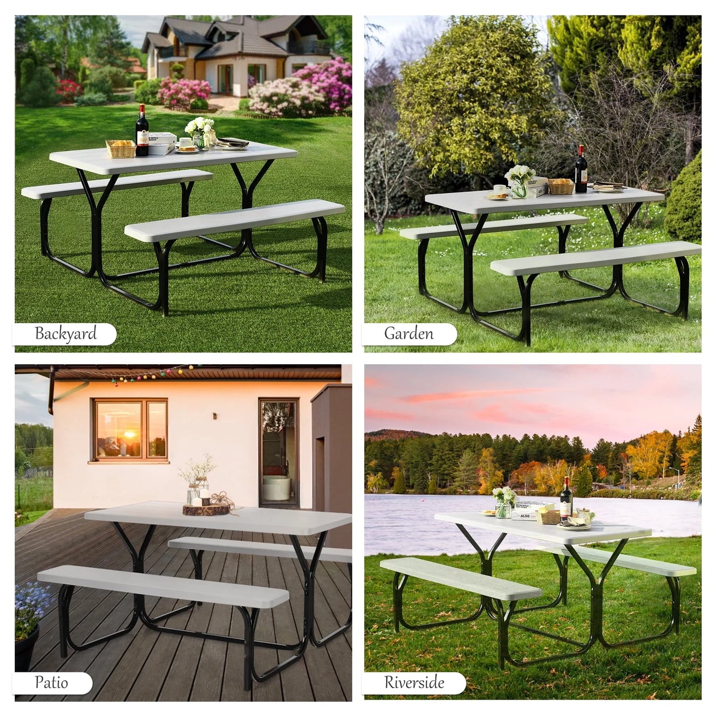 Costway Picnic Table Bench Set Outdoor Backyard Patio Garden Party Dining All Weather White