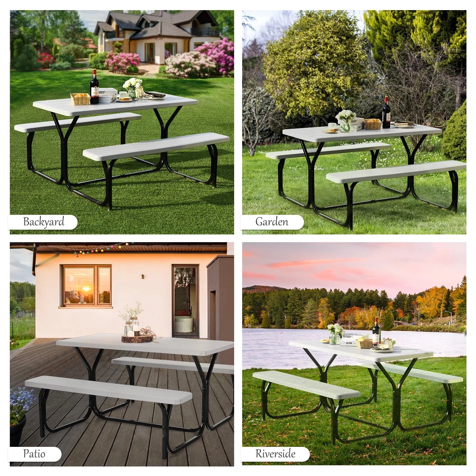Costway Picnic Table Bench Set Outdoor Backyard Patio Garden Party Dining All Weather White