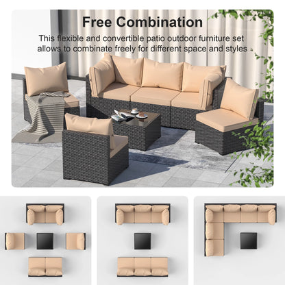 Phonjoroo Patio Furniture Set 7 Pieces Outdoor Patio Furniture Wicker Sectional Furniture Sofa Conversation Sets with Cushions All Weather Outside Patio Seating (Khaki)