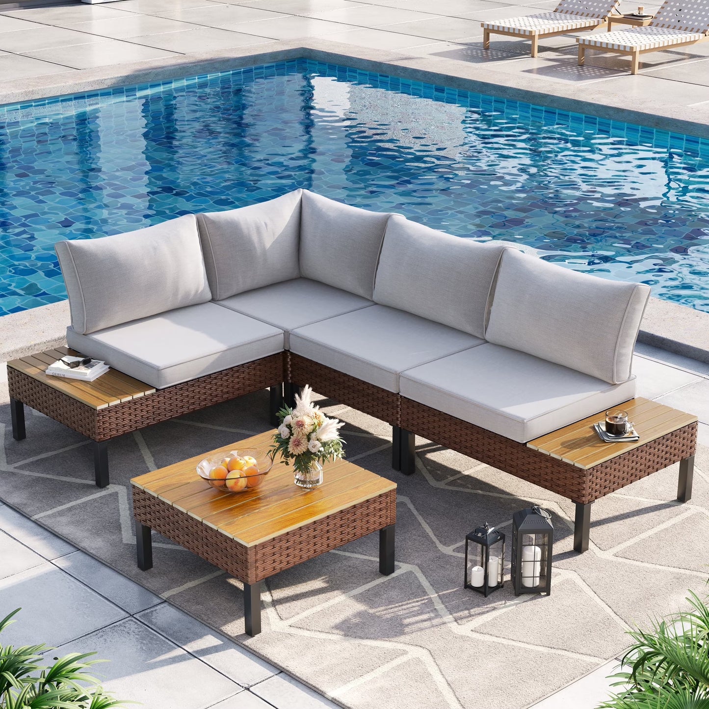 Poteban 5-piece Rattan Outdoor Patio Sofa Set,L-Shaped Sectional Sofa Couch with Coffee Table for Backyard,Lawn,Garden,Navy Blue