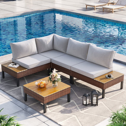 Poteban 5-piece Rattan Outdoor Patio Sofa Set,L-Shaped Sectional Sofa Couch with Coffee Table for Backyard,Lawn,Garden,Navy Blue
