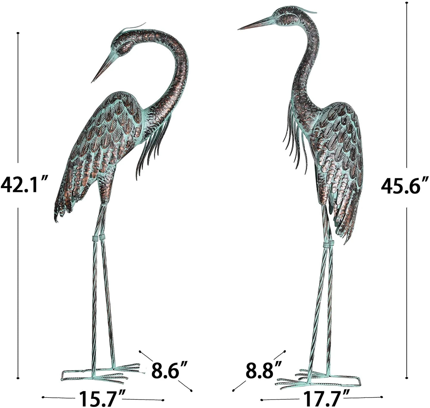 Garden Crane Statues, Standing Metal Patina Heron Decoy Outdoor Statue, 42-46 Inch Bird Yard Art for Patio Lawn Pond, Set of 2