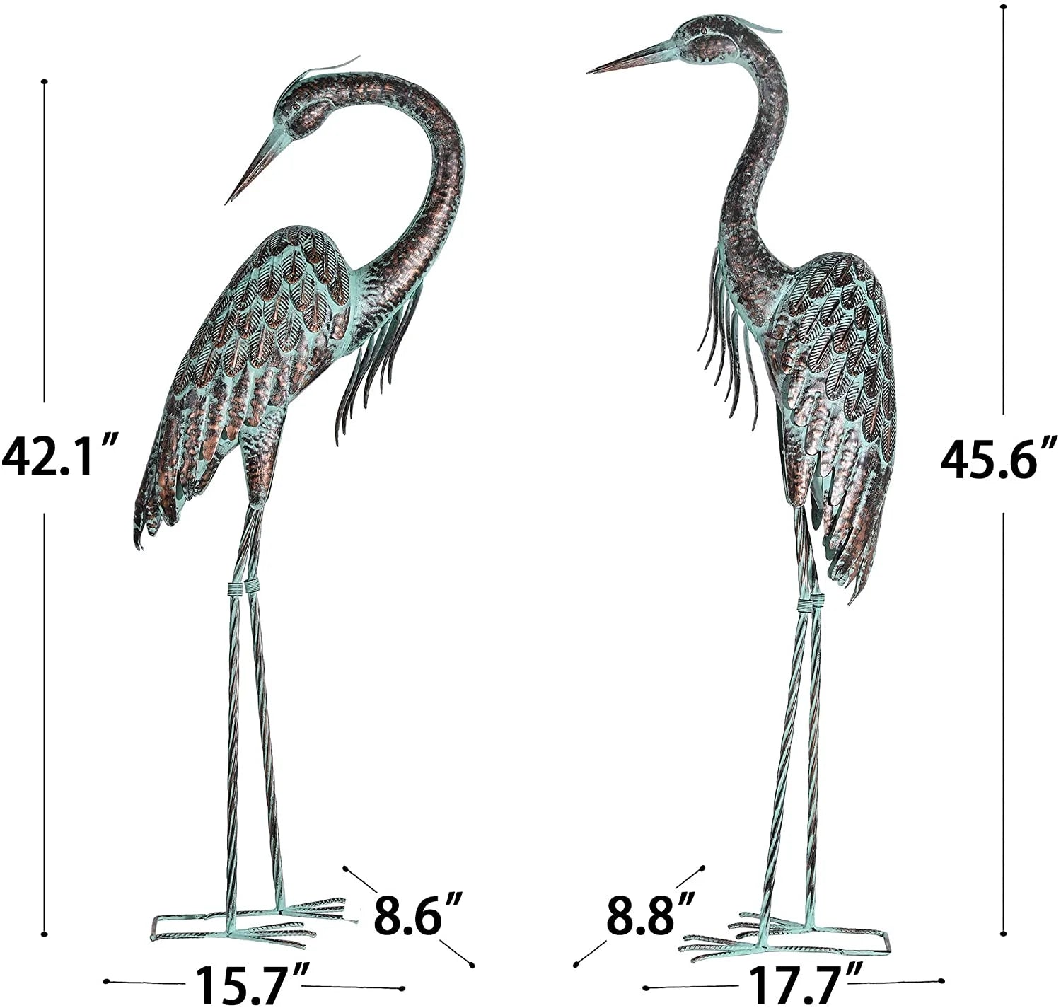 Garden Crane Statues, Standing Metal Patina Heron Decoy Outdoor Statue, 42-46 Inch Bird Yard Art for Patio Lawn Pond, Set of 2