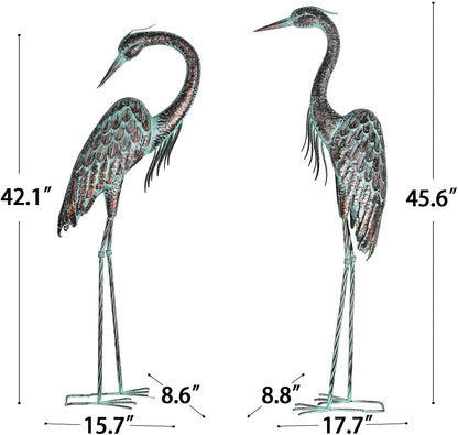 Garden Crane Statues, Standing Metal Patina Heron Decoy Outdoor Statue, 42-46 Inch Bird Yard Art for Patio Lawn Pond, Set of 2