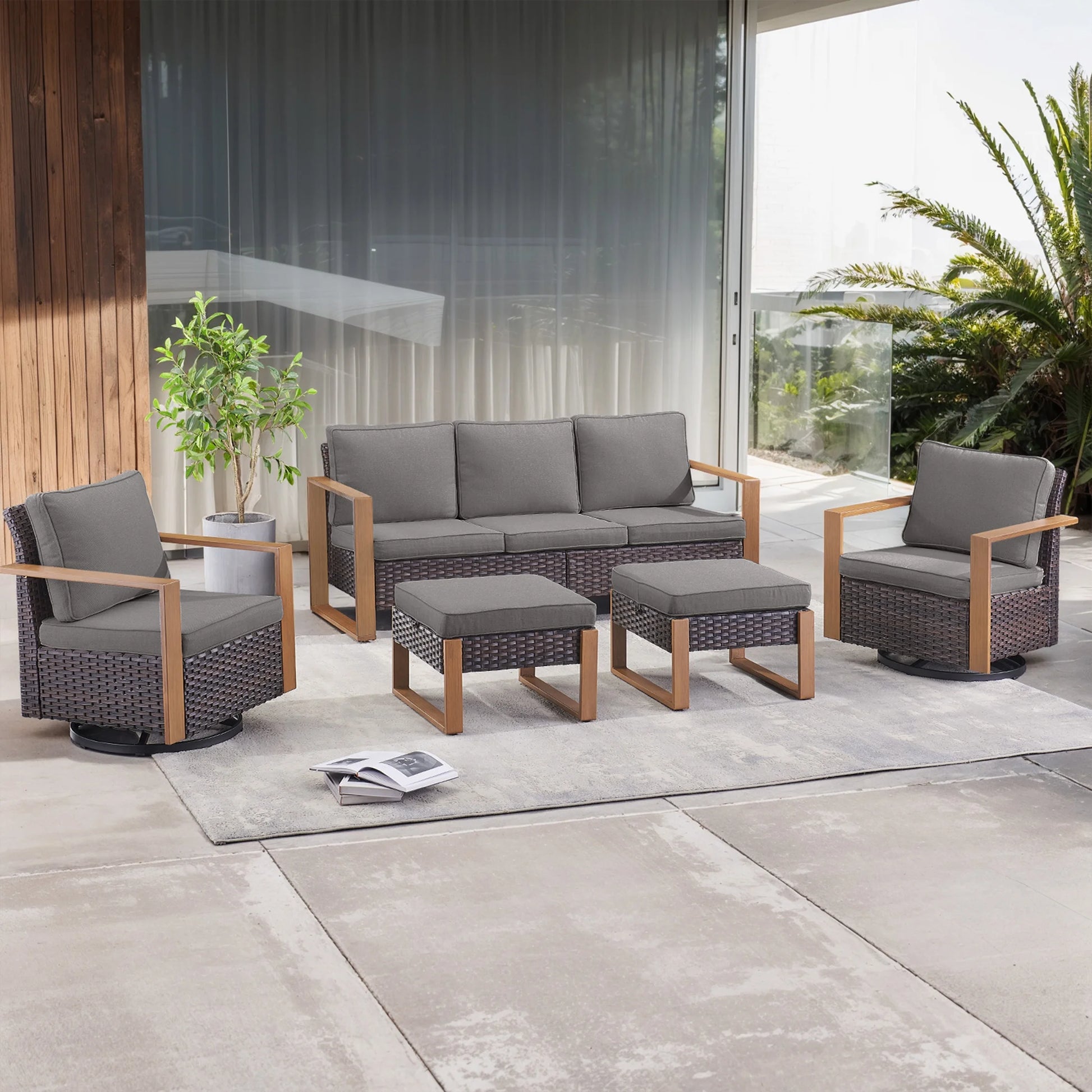 POCASSY 5PCS Patio Furniture Set with Sofa, Swivel Chair and Ottoman, All Weather Wicker Conversation Set Outdoor Seating Group for Pool, Backyard, Garden, Brown Wicker Beige Cushion