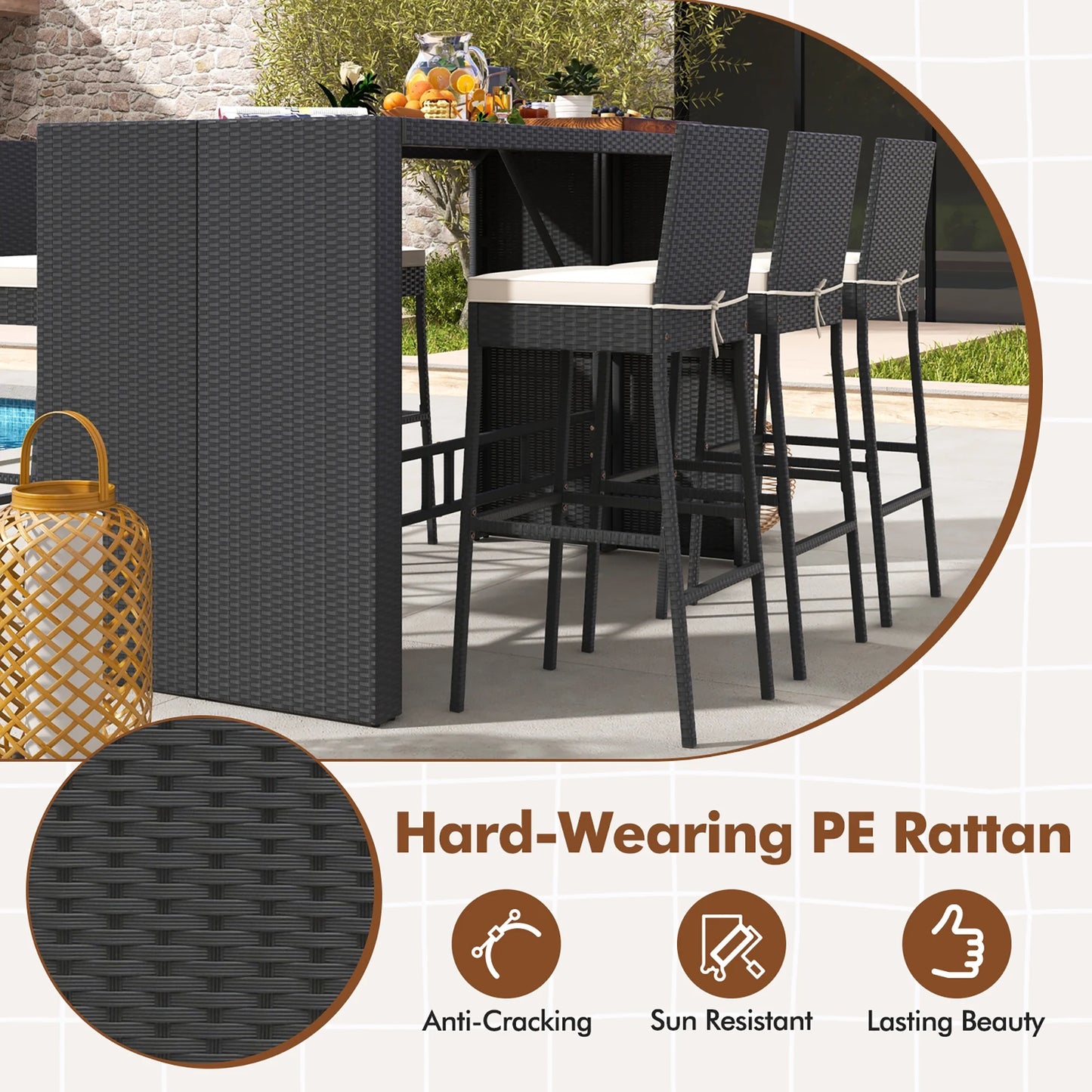 Gymax 7 Pieces Patio Bar Set w/Acacia Wood Tabletop & Removable Cushions Outdoor