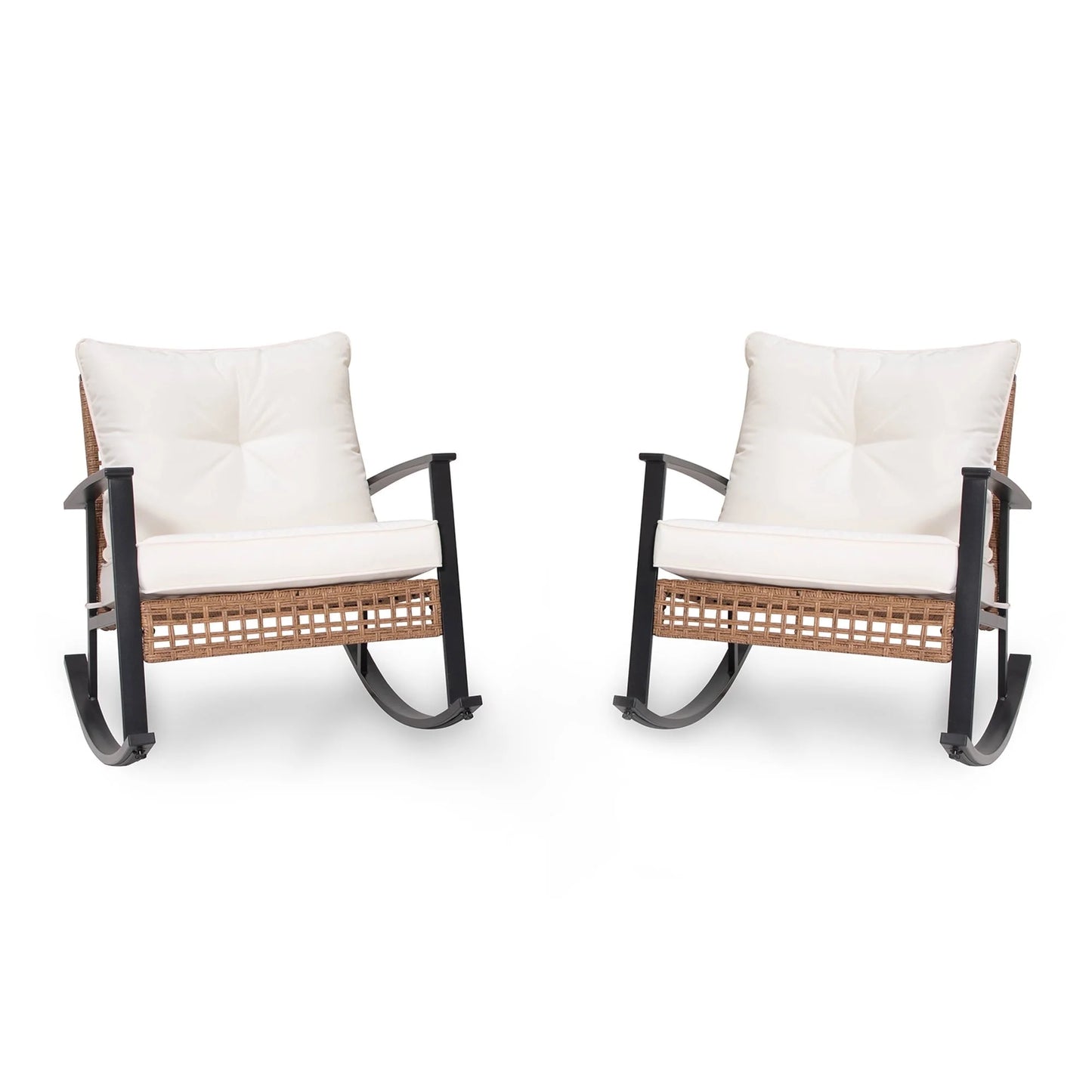 LAUSAINT HOME Outdoor Rocking Chair, Patio PE Rattan Chair with Beige Cushions