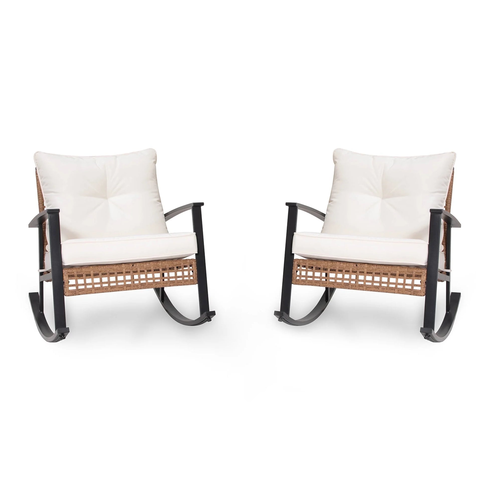 LAUSAINT HOME Outdoor Rocking Chair, Patio PE Rattan Chair with Beige Cushions