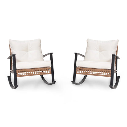 LAUSAINT HOME Outdoor Rocking Chair, Patio PE Rattan Chair with Beige Cushions