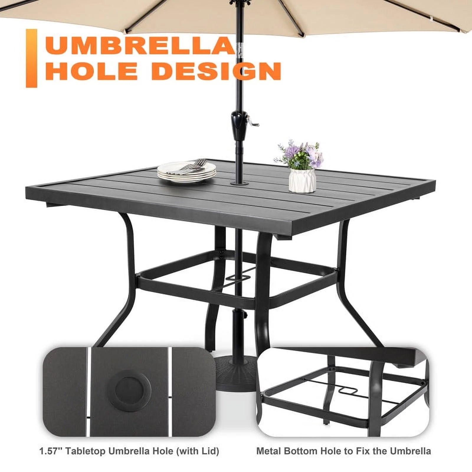 Nuu Garden 5 Piece Outdoor Patio Dining Set, Metal Patio Furniture Set 4 Textilene Swivel Chairs and 37" Square Iron Umbrella Dining Table,Black and Brown