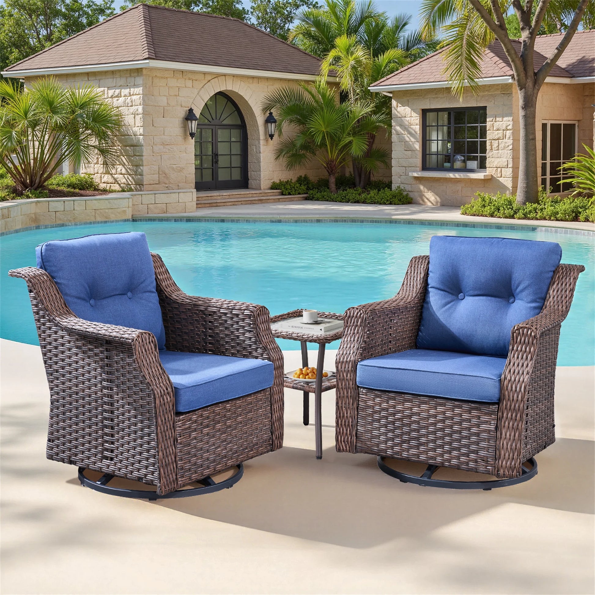 Yeahumalia Outdoor Patio Wicker Swivel Rocking Chair Glider Set of 2 with Side Table for Porch Balcony Backyard, Blue Cushions