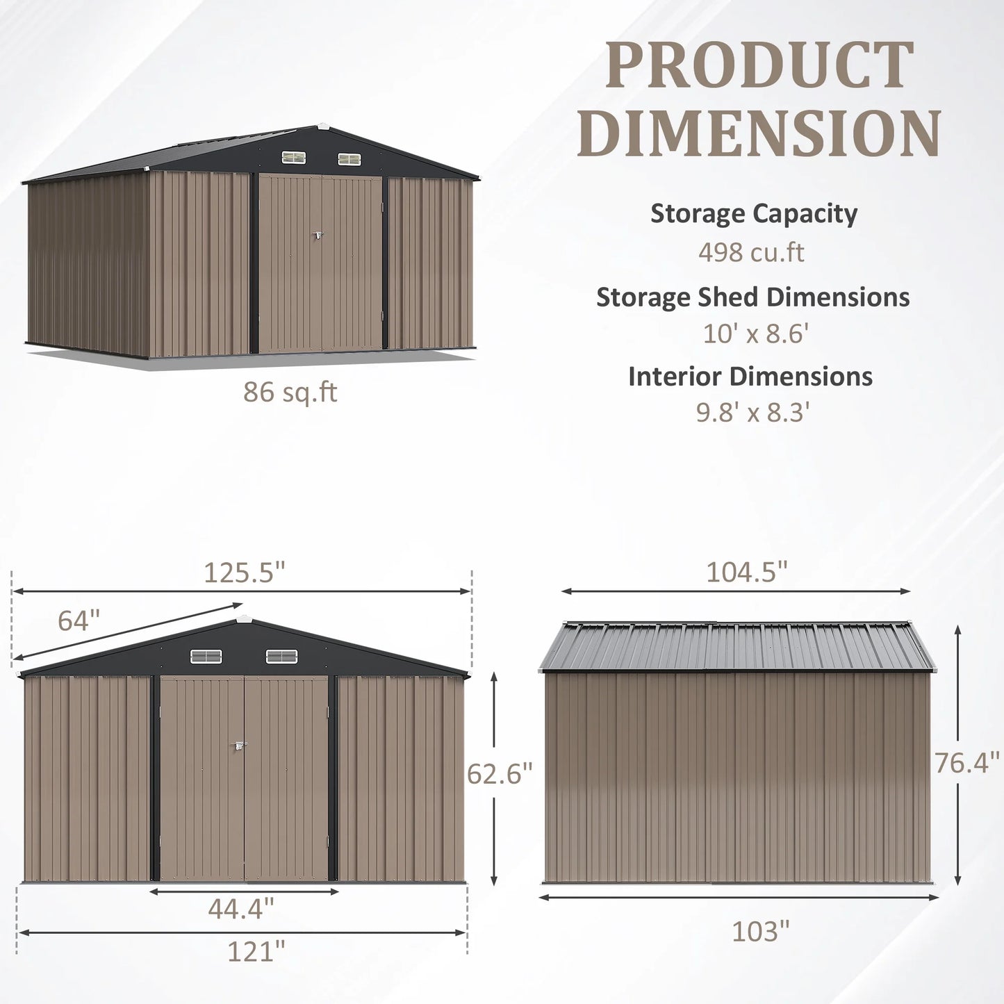 Devoko 10x8 Ft Metal Storage Shed, Lockable Steel Garden Shed for Patio Backyard Outdoor Tools, Brown