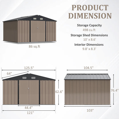 Devoko 10x8 Ft Metal Storage Shed, Lockable Steel Garden Shed for Patio Backyard Outdoor Tools, Brown