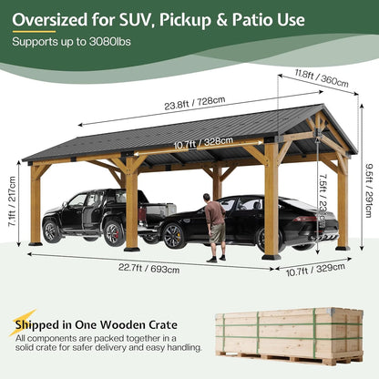 Jocisland 12'x24' Cedar Wood Hardtop Gazebo with Waterproof Outdoor Carport Pavilion,Steel Roof,Heavy-Duty Snow & Wind Resistant Canopy for Patio, Driveway, Garden
