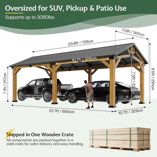 Jocisland 12'x24' Cedar Wood Hardtop Gazebo with Waterproof Outdoor Carport Pavilion,Steel Roof,Heavy-Duty Snow & Wind Resistant Canopy for Patio, Driveway, Garden