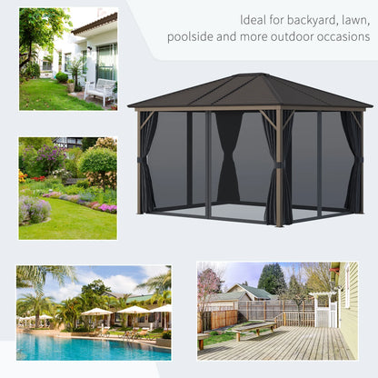 Outsunny 10' x 12' Hardtop Gazebo with Curtains and Netting, Permanent Pavilion Metal Single Roof Gazebo Canopy with Aluminum Frame and Hooks, for Garden, Patio, Backyard, Dark Gray