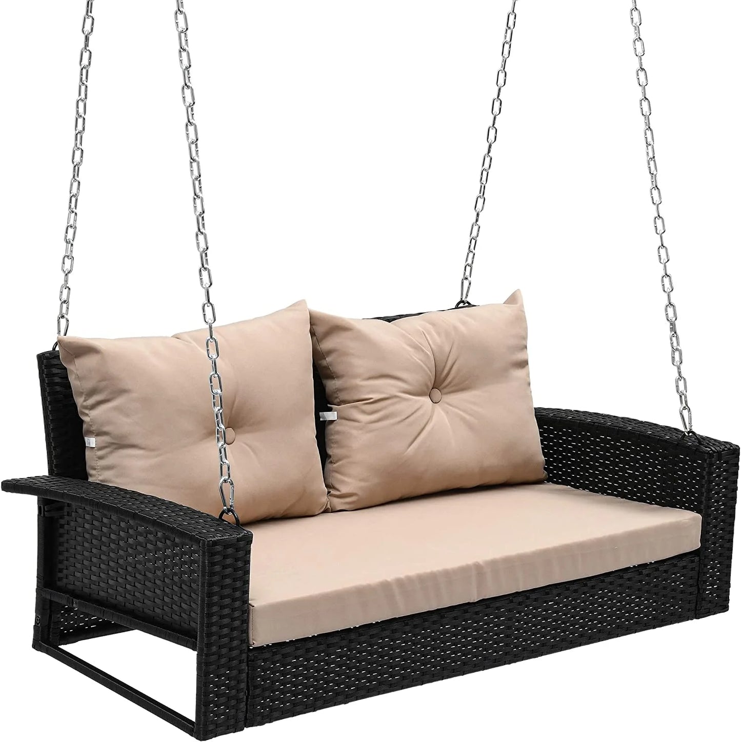 Craftian 2-Seats Wicker Hanging Porch Swing Chair Outdoor Black Rattan Patio Swing Lounge w/2 Back Cushions Capacity 770lbs for Garden, Balcony, Living Room, Beige
