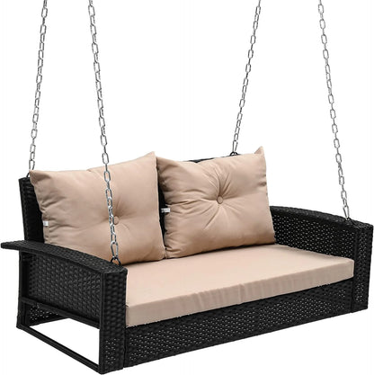 Craftian 2-Seats Wicker Hanging Porch Swing Chair Outdoor Black Rattan Patio Swing Lounge w/2 Back Cushions Capacity 770lbs for Garden, Balcony, Living Room, Beige