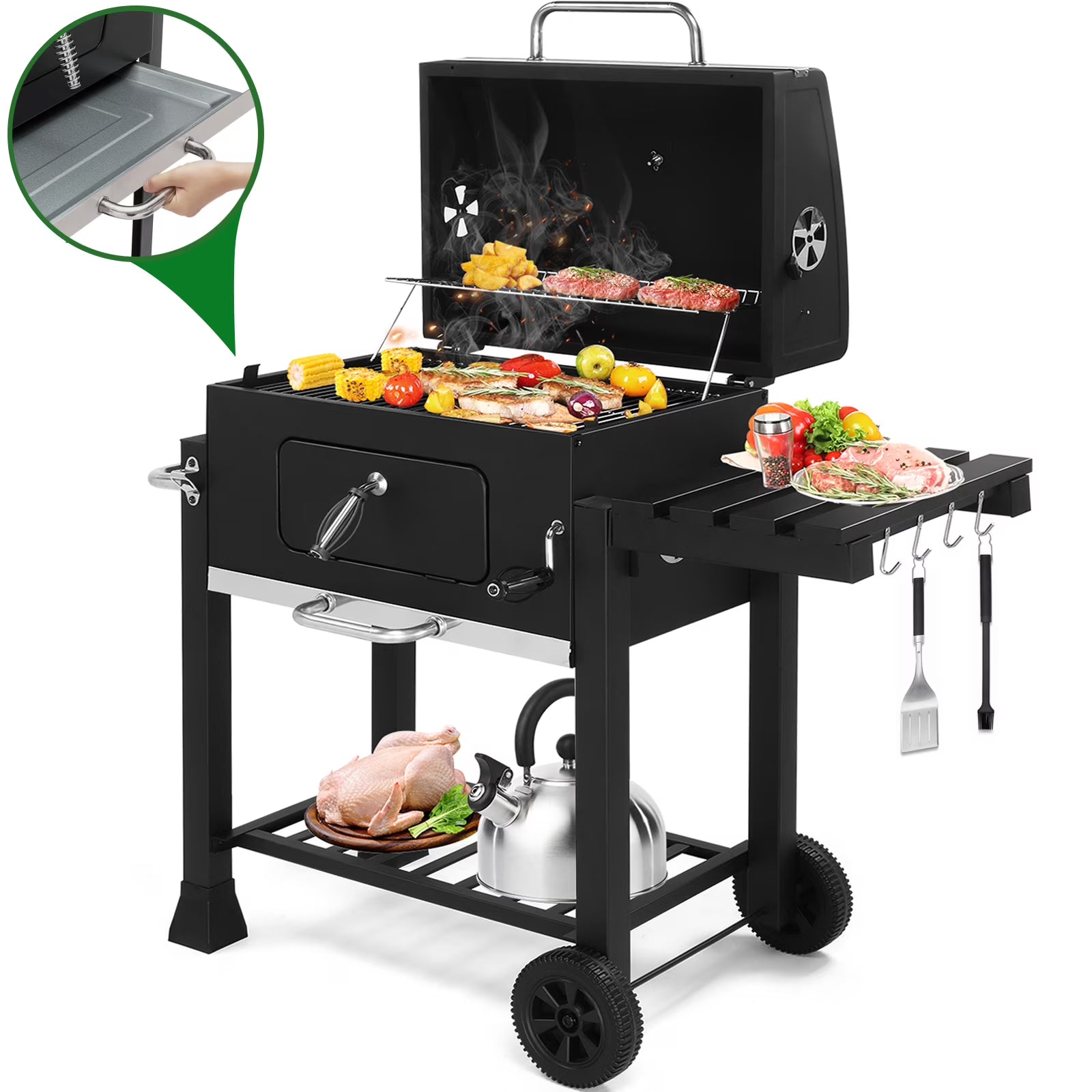 Seizeen Charcoal Grill, 42.5''H Portable BBQ Grill on Wheels, Heavy-duty Outdoor Grill w/2 Grill Area, Adjustable Pan & Foldable Side Table, Picnic Patio Garden and Backyard Grilling