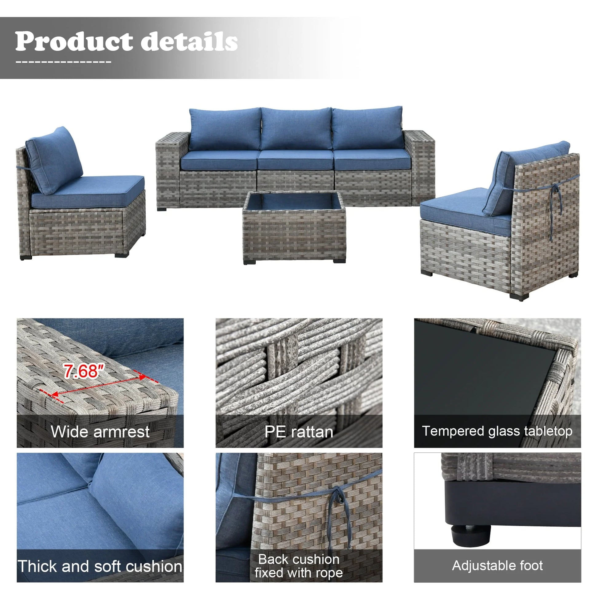 Ovios 6 Piece Outdoor Furniture All Weather Wicker Patio Conversation Sectional Couch with 7.68" Armrest for Garden Backyard