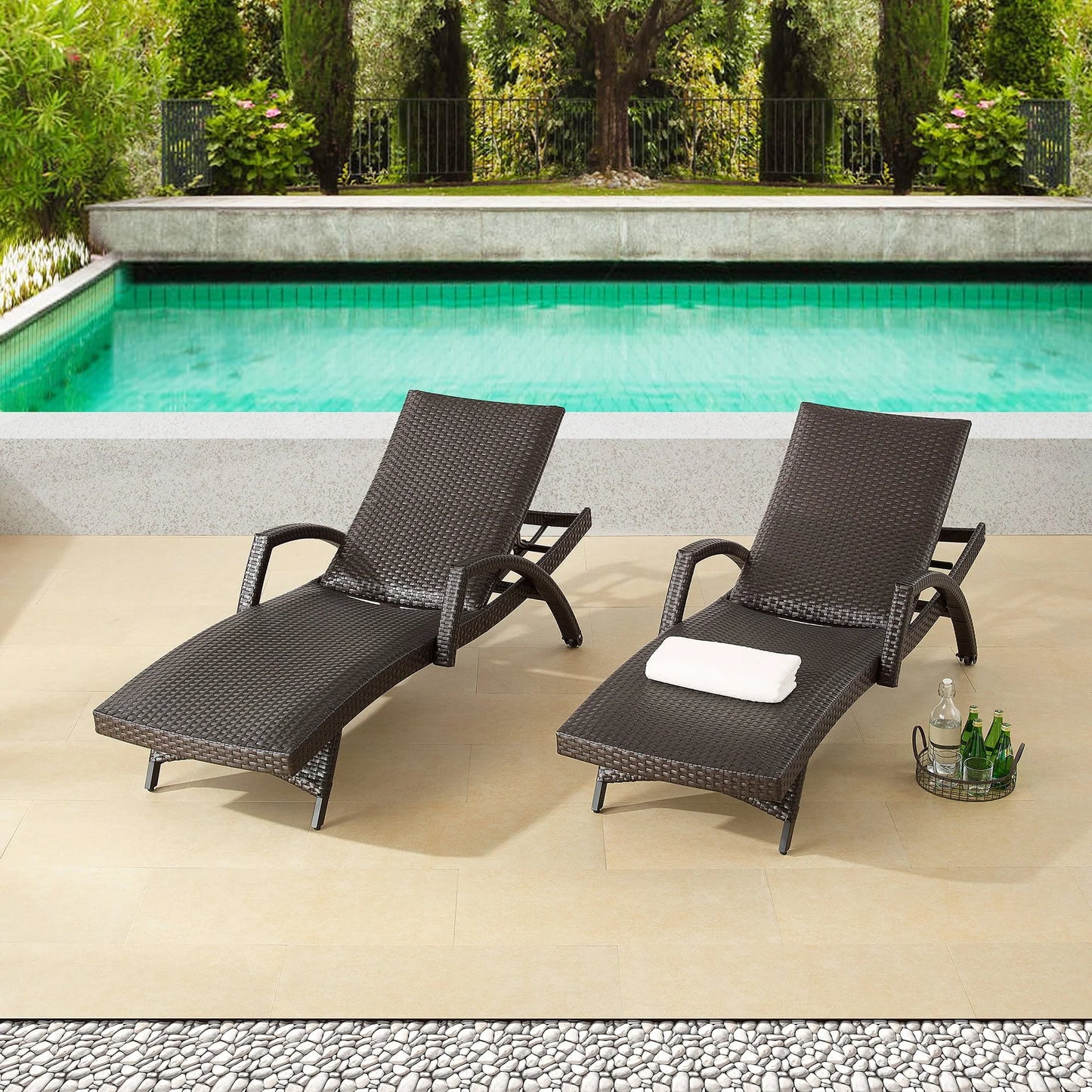 Ulax Furniture Outdoor Woven Padded 2 Pieces Aluminum Chaise Lounge Chairs Patio Armed Lounger Adjustable Chair with Wheels and Quick Dry Foam(Dark Brown)