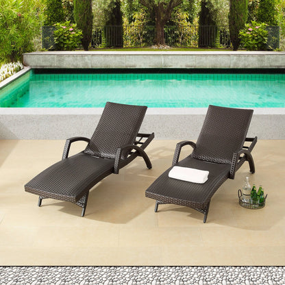 Ulax Furniture Outdoor Woven Padded 2 Pieces Aluminum Chaise Lounge Chairs Patio Armed Lounger Adjustable Chair with Wheels and Quick Dry Foam(Dark Brown)