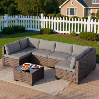 7 Piece Outdoor Patio Furniture Set, Asofer Rattan Wicker Outdoor Conversation Sectional Sofa Set, Gray